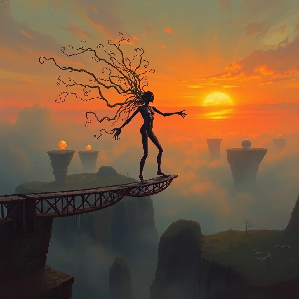 AI generated art for prompt: An enigmatic figure balancing on an intricate bridge over a chasm of floating terrains is captured i