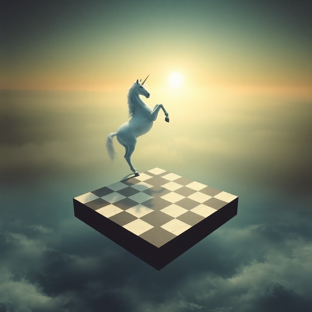 AI generated art for prompt: Craft an image in the dreamlike surrealist style, depicting a majestic unicorn standing atop a float