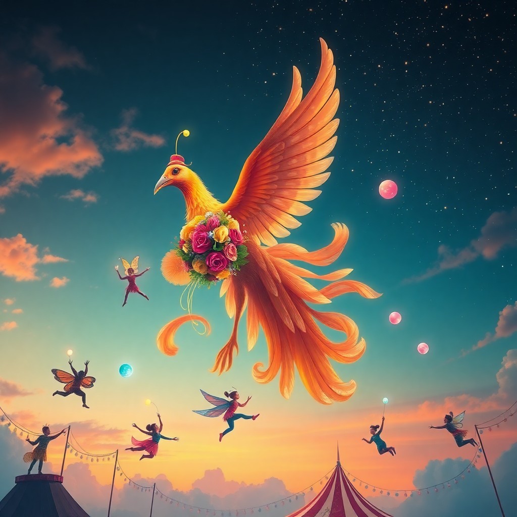 AI generated art for prompt: In the dreamlike style of whimsical surrealism, visualize an aerial view of a floating circus scene.