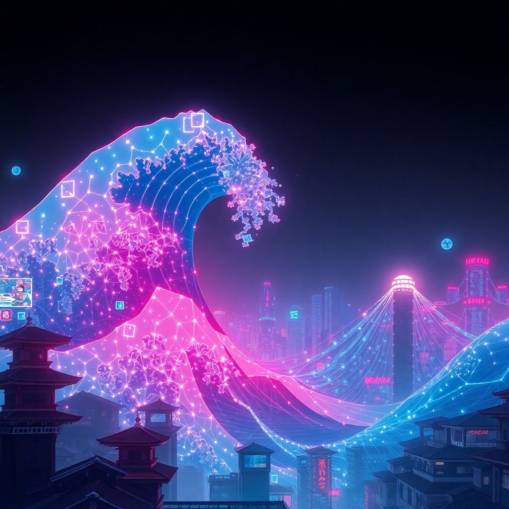 AI generated art for prompt: Craft an image inspired by Hokusai's renowned "The Great Wave off Kanagawa," with a futuristic cyber