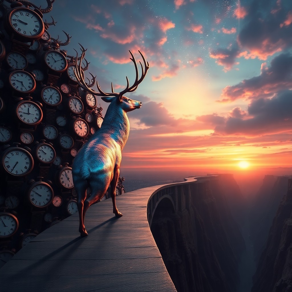 AI generated art for prompt: A surreal digital art composition depicting an enigmatic dreamscape features a regal, metallic stag 