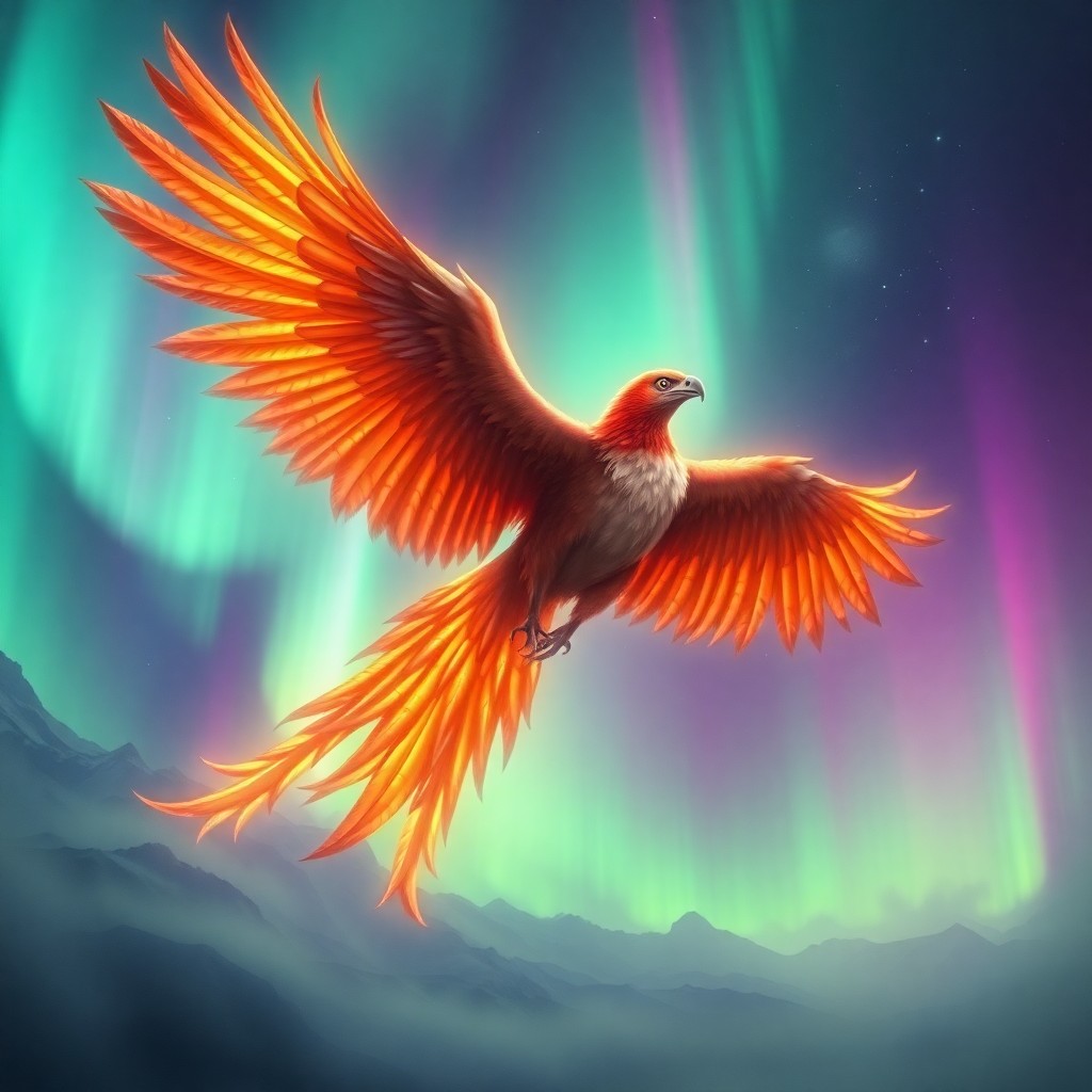 AI generated art for prompt: A majestic phoenix soars through a mesmerizing aurora borealis in this breathtaking digital art piec