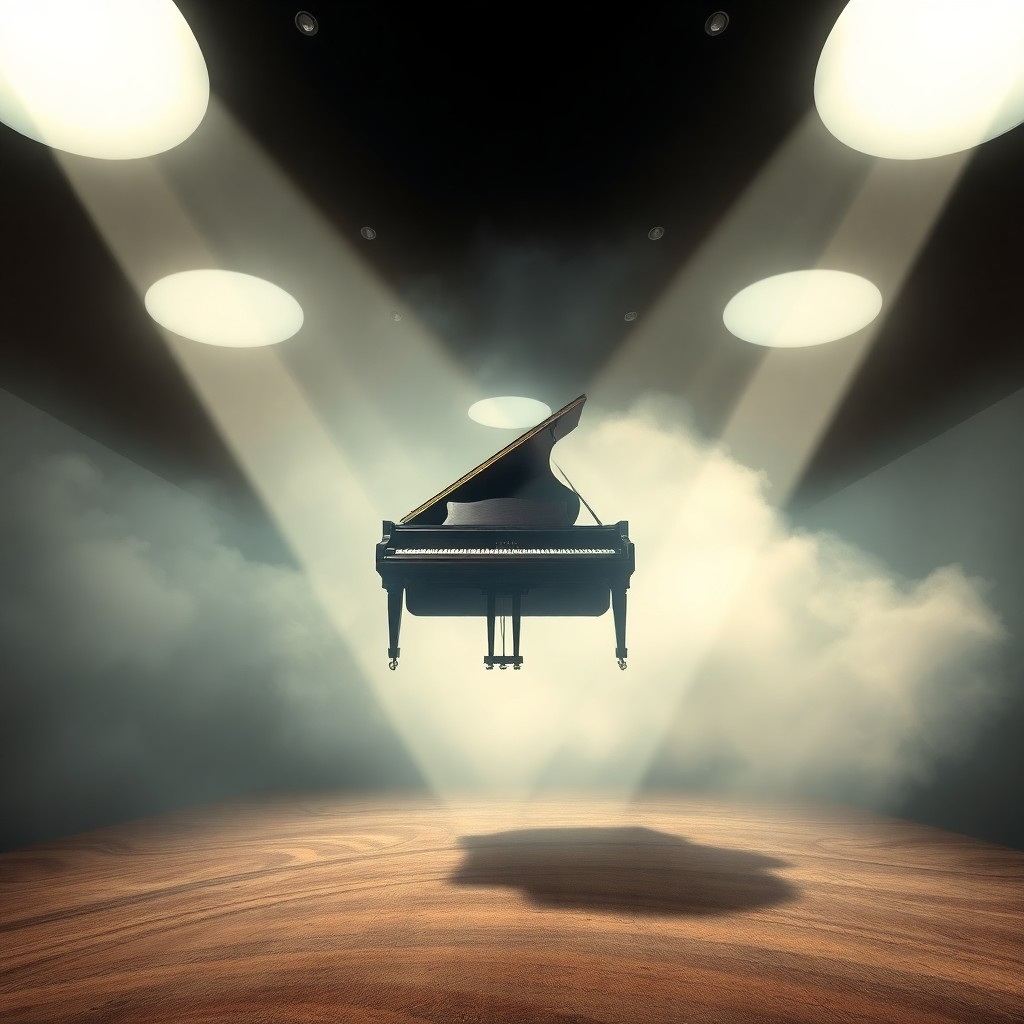 AI generated art for prompt: In a surrealistic dreamscape reminiscent of Dali's iconic paintings, an exquisite grand piano levita