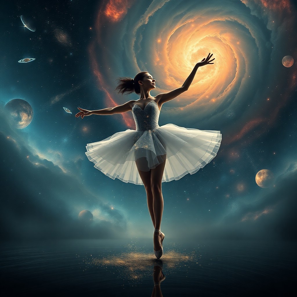 AI generated art for prompt: A digital artwork portraying an ethereal dancer pirouetting in a cosmic ballet, her tutu adorned wit