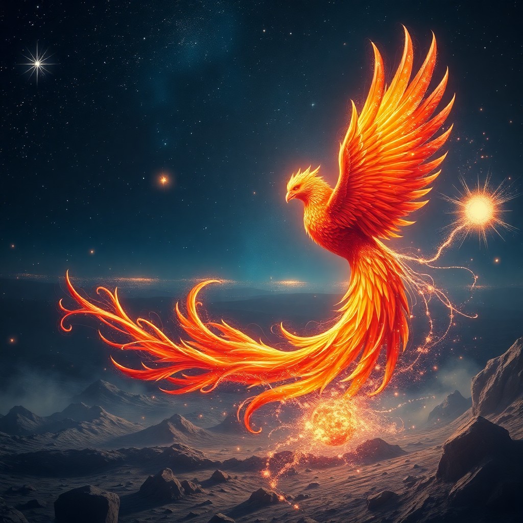 AI generated art for prompt: A mesmerizing digital piece depicting an awe-inspiring phoenix taking flight from a star-dusted batt