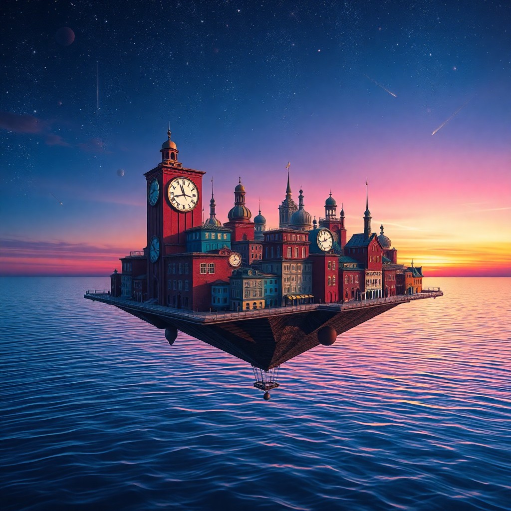 AI generated art for prompt: A surreal digital artwork depicting an enigmatic cityscape suspended above a tranquil sea of stars, 