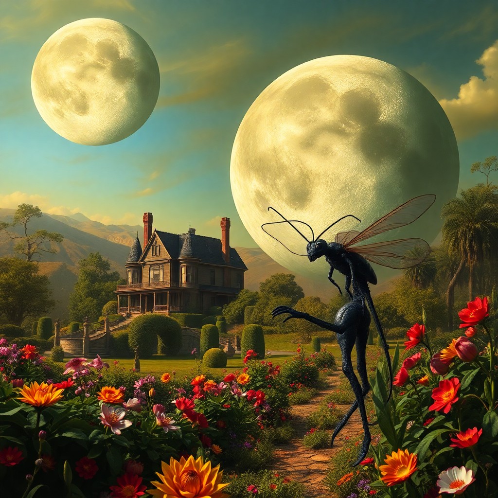 AI generated art for prompt: Envision a surreal landscape reminiscent of Salvador Dali's paintings, with an enormous moon suspend