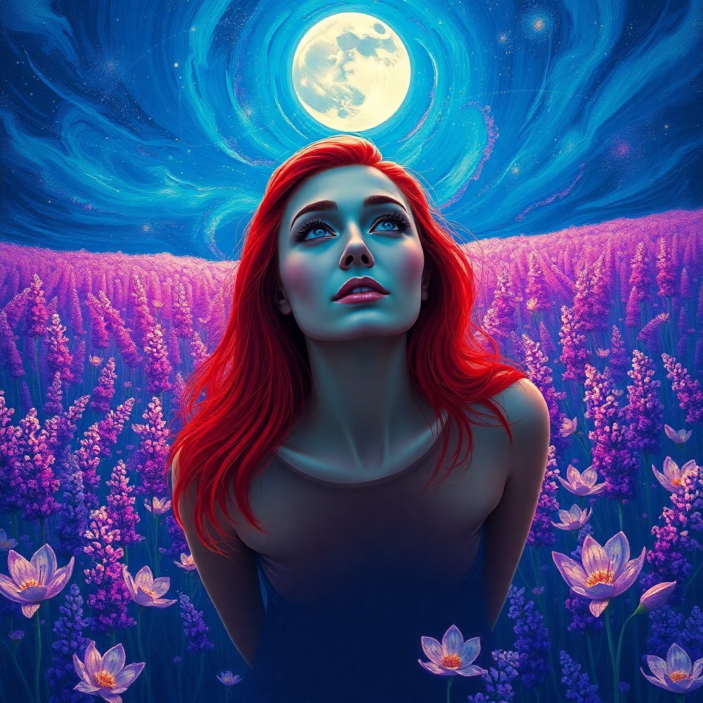 AI generated art for prompt: A woman with vibrant red hair stands in a field of iridescent lavender flowers, their shimmering pet