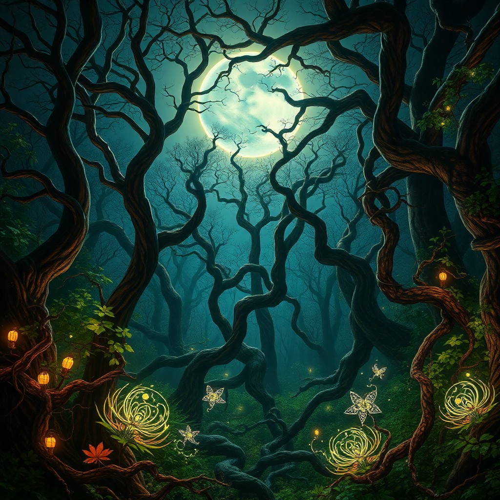 AI generated art for prompt: A mesmerizing work of art portrays an enigmatic forest illuminated by shimmering moonlight filtering