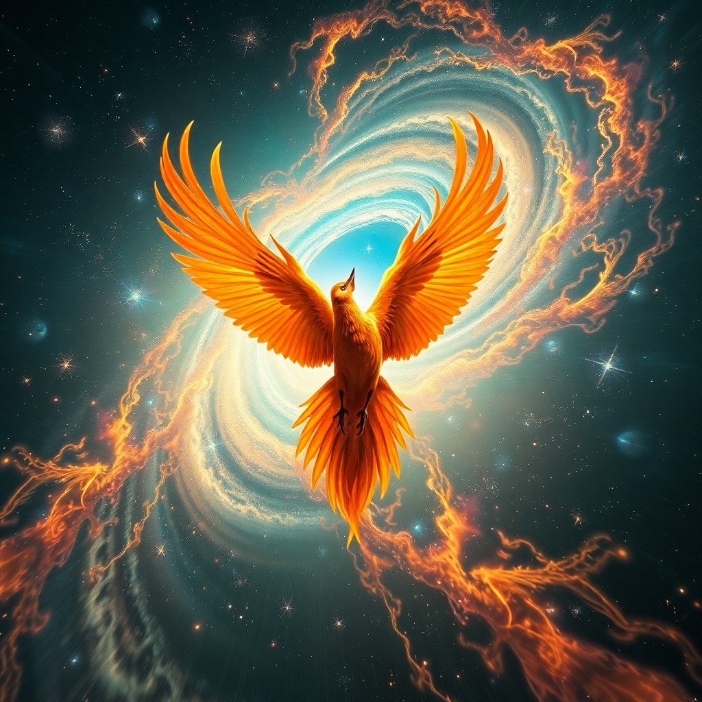 AI generated art for prompt: A surreal and enigmatic image unfolds, showcasing an awe-inspiring phoenix in mid-flight amidst a me