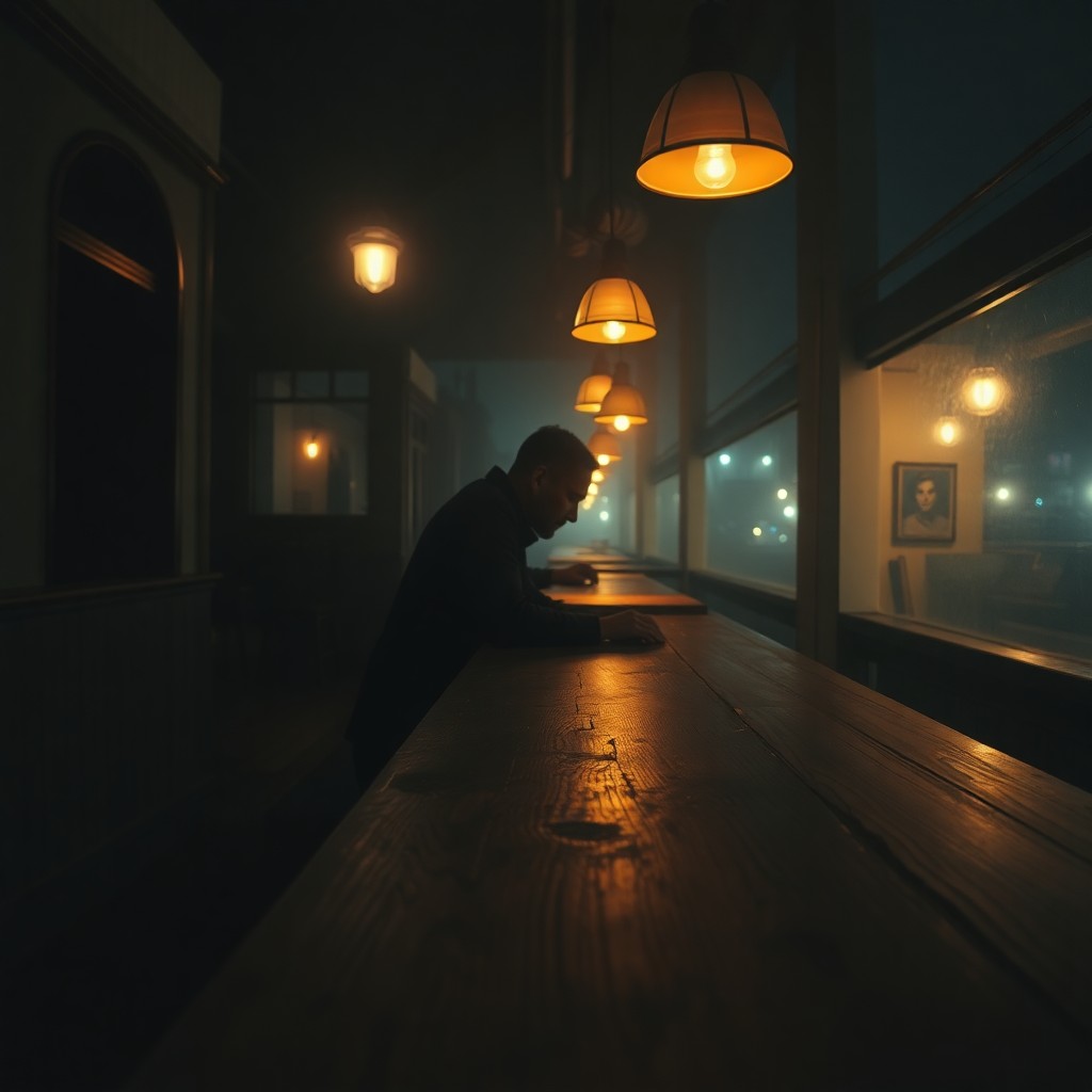 AI generated art for prompt: A solitary figure sits at a dimly lit bar counter in this evocative nocturnal scene, reminiscent of 