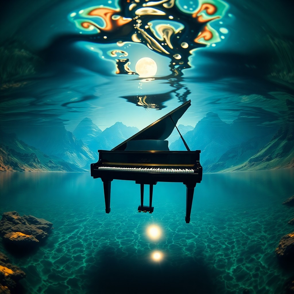 AI generated art for prompt: Craft an image embodying the surrealistic style of Dali's dreamscapes, depicting a grand piano suspe