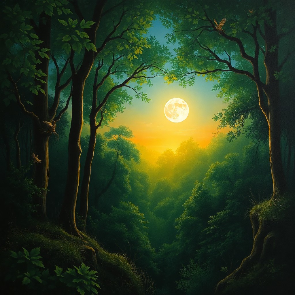 AI generated art for prompt: An oil painting depicting an enchanting twilight scene within a lush, verdant forest captures the es