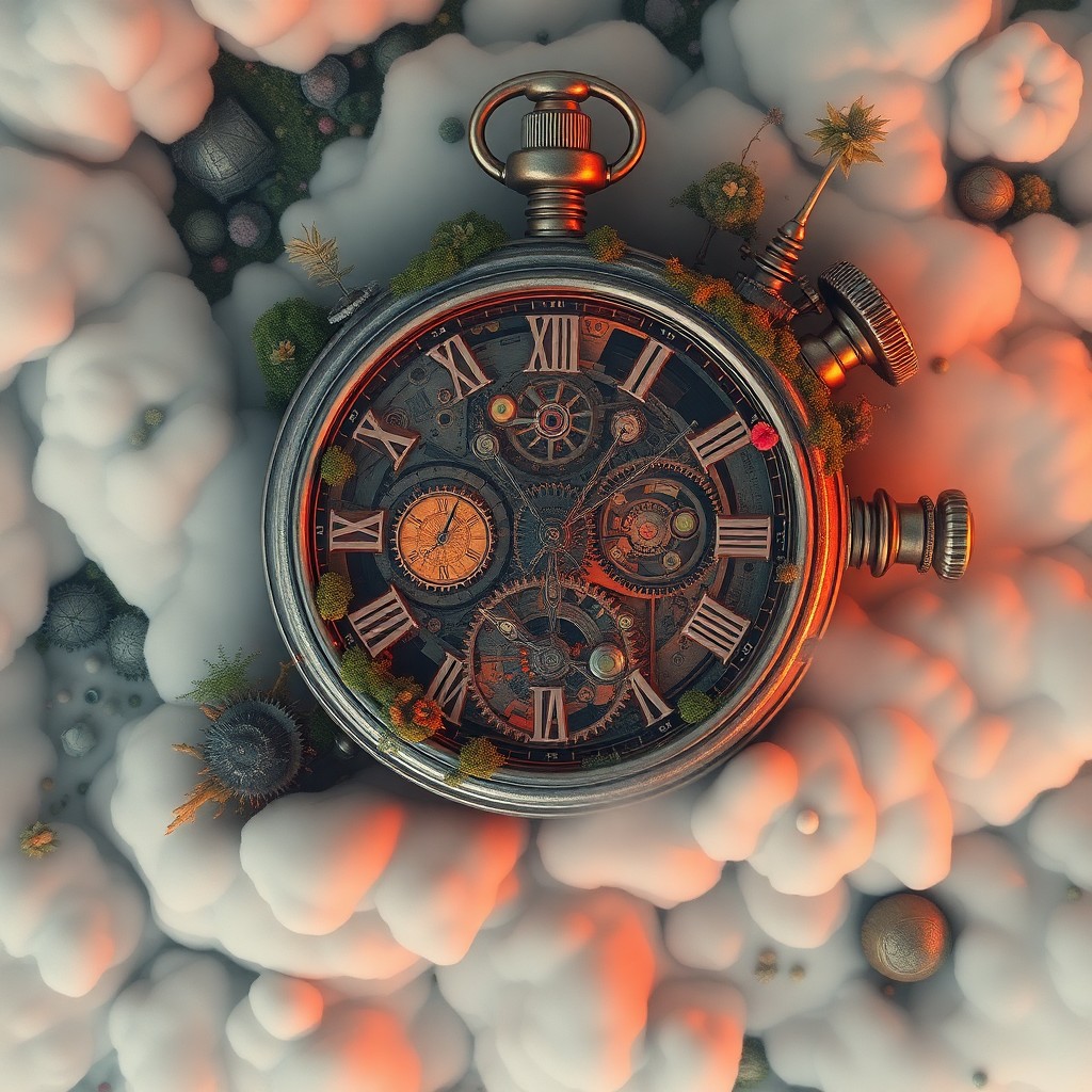 AI generated art for prompt: A surreal landscape where an enormous mechanical pocket watch stretches across a dreamlike expanse, 