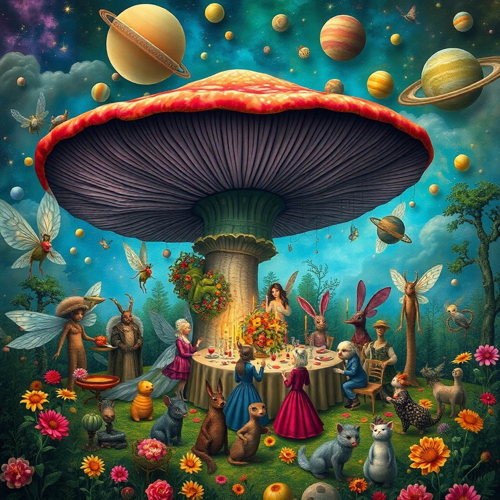 AI generated art for prompt: A whimsical garden party unfolds within an enormous, intricately detailed mushroom in a surreal and 