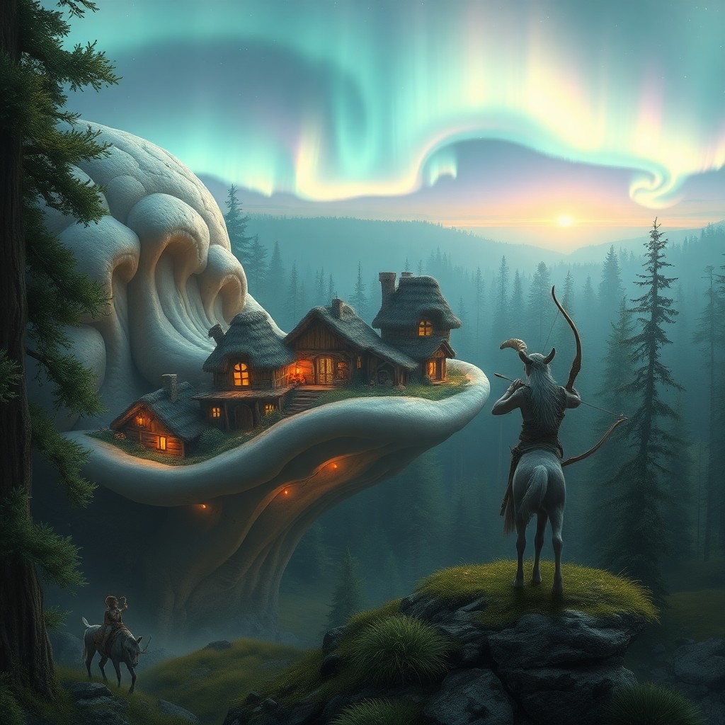 AI generated art for prompt: A captivating digital artwork portrays an enchanting fairy settlement perched on an enormous, gently