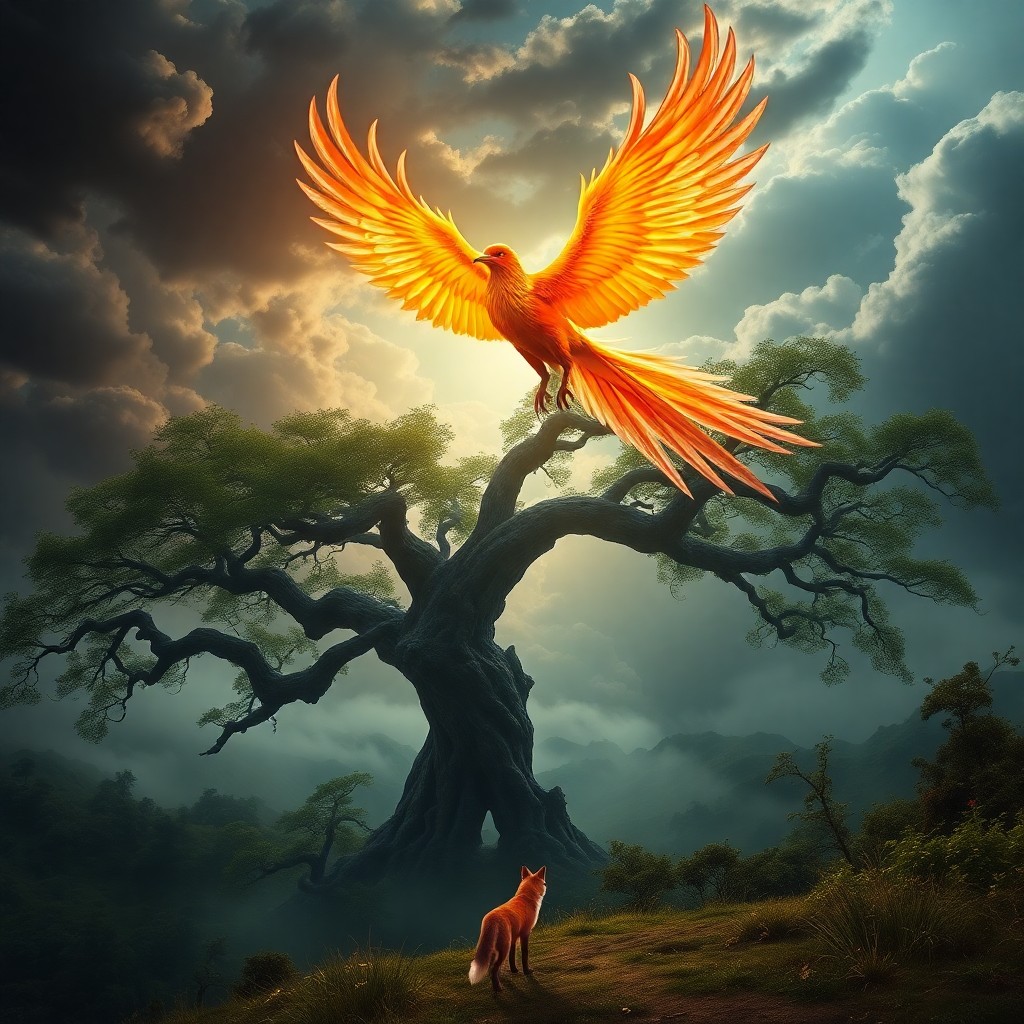 AI generated art for prompt: Imagine a surreal scene where an awe-inspiring phoenix descends from a tumultuous sky to land gracef