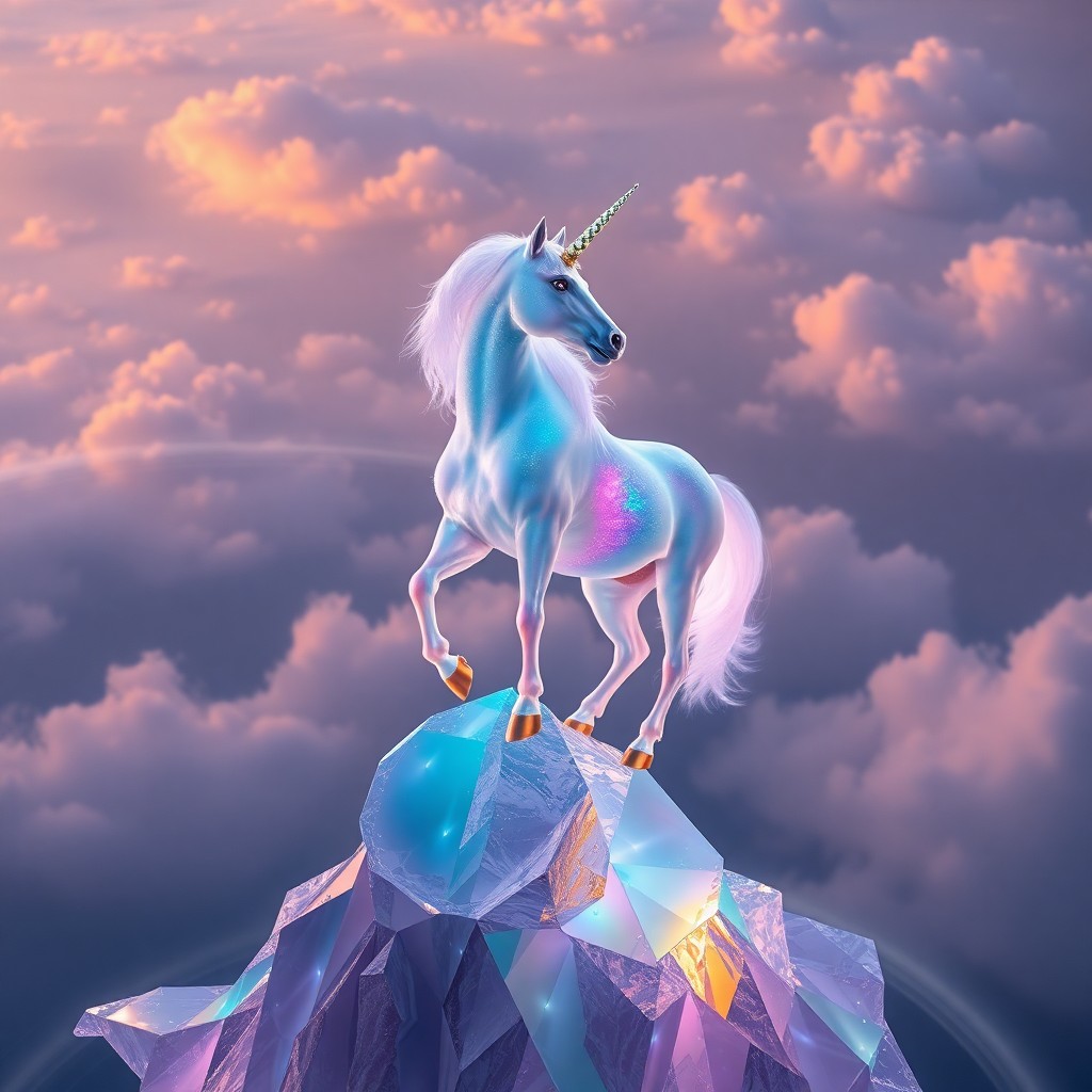 AI generated art for prompt: Visualize a dreamlike world where an imperial unicorn stands majestically atop a translucent glass p