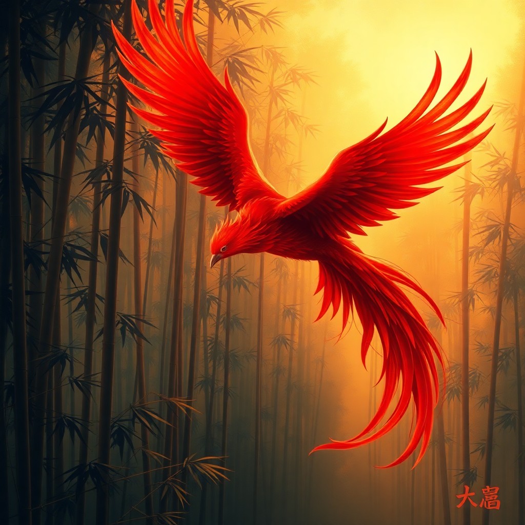 AI generated art for prompt: A majestic phoenix in fiery red hues soars through a serene bamboo forest at dawn, its wings reflect