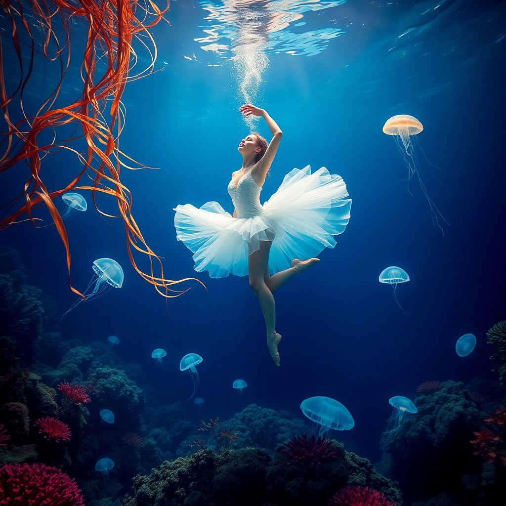 AI generated art for prompt: An underwater ballet unfolds, with a graceful dancer pirouetting amidst a vibrant coral reef in a dr