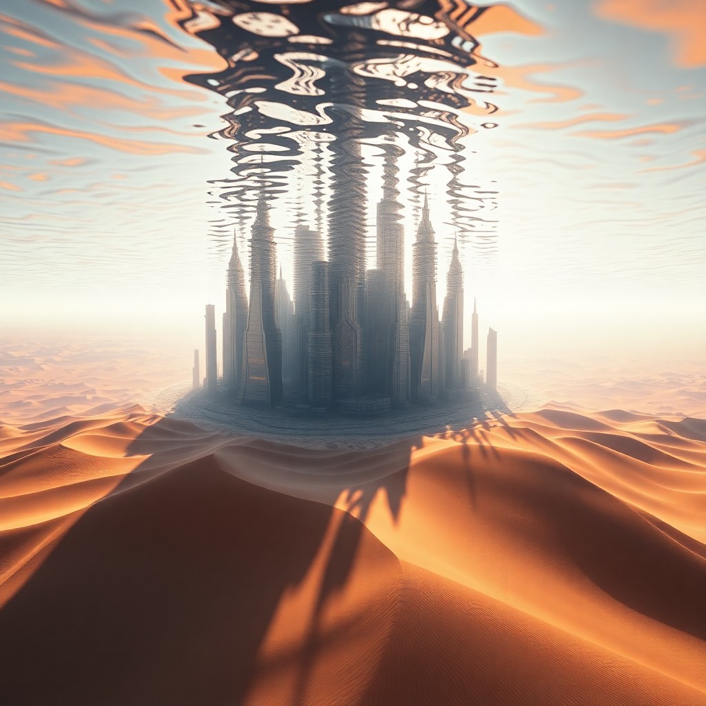 AI generated art for prompt: Visualize a surreal digital artwork depicting a futuristic cityscape emerging from an expansive dese