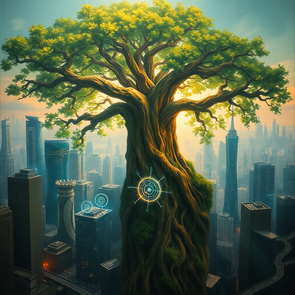 AI generated art for prompt: A breathtaking oil painting showcases a colossal tree towering over a futuristic cityscape, its spra