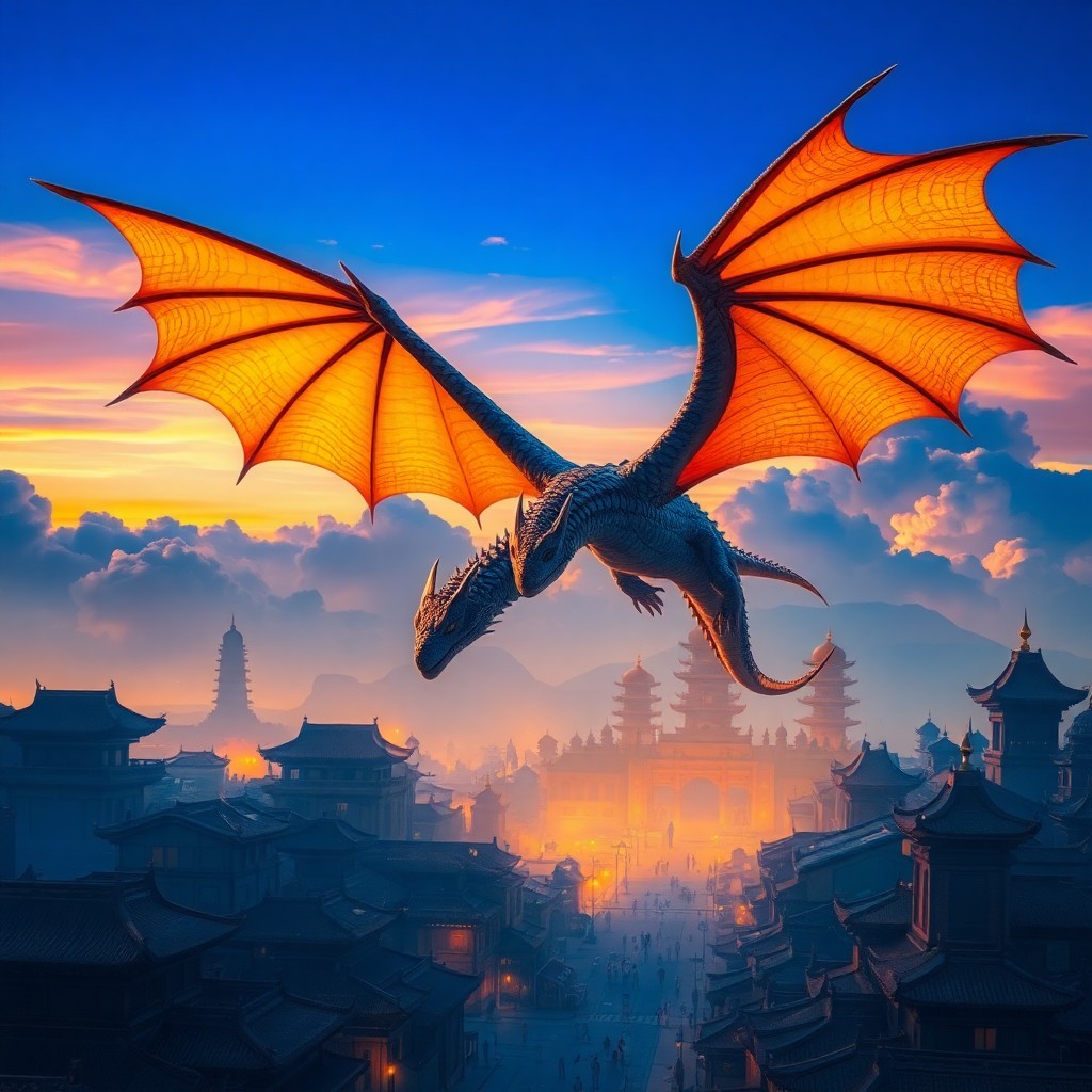 AI generated art for prompt: A majestic dragon glides through the vibrant azure sky above an expansive ancient metropolis, its mo