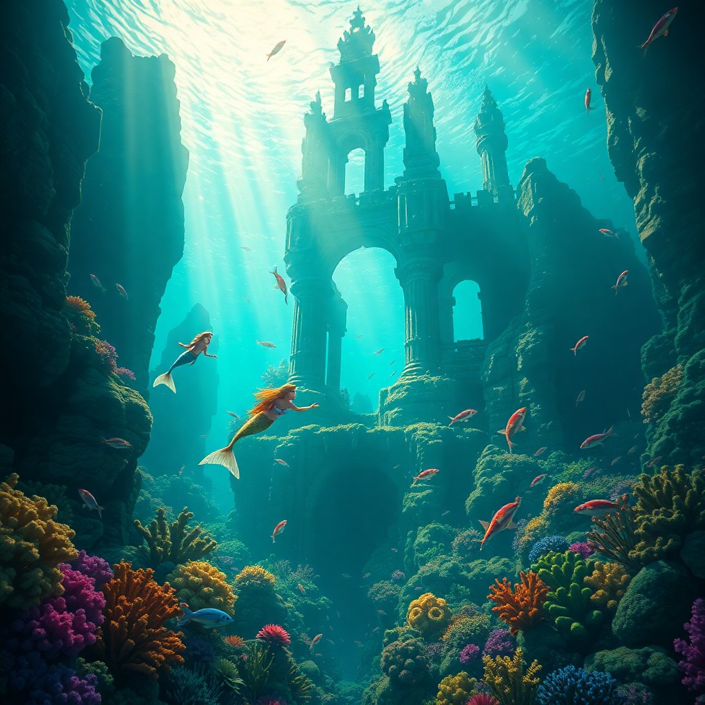 AI generated art for prompt: Imagine an enchanting underwater realm reminiscent of classic Disney animation, where majestic merma