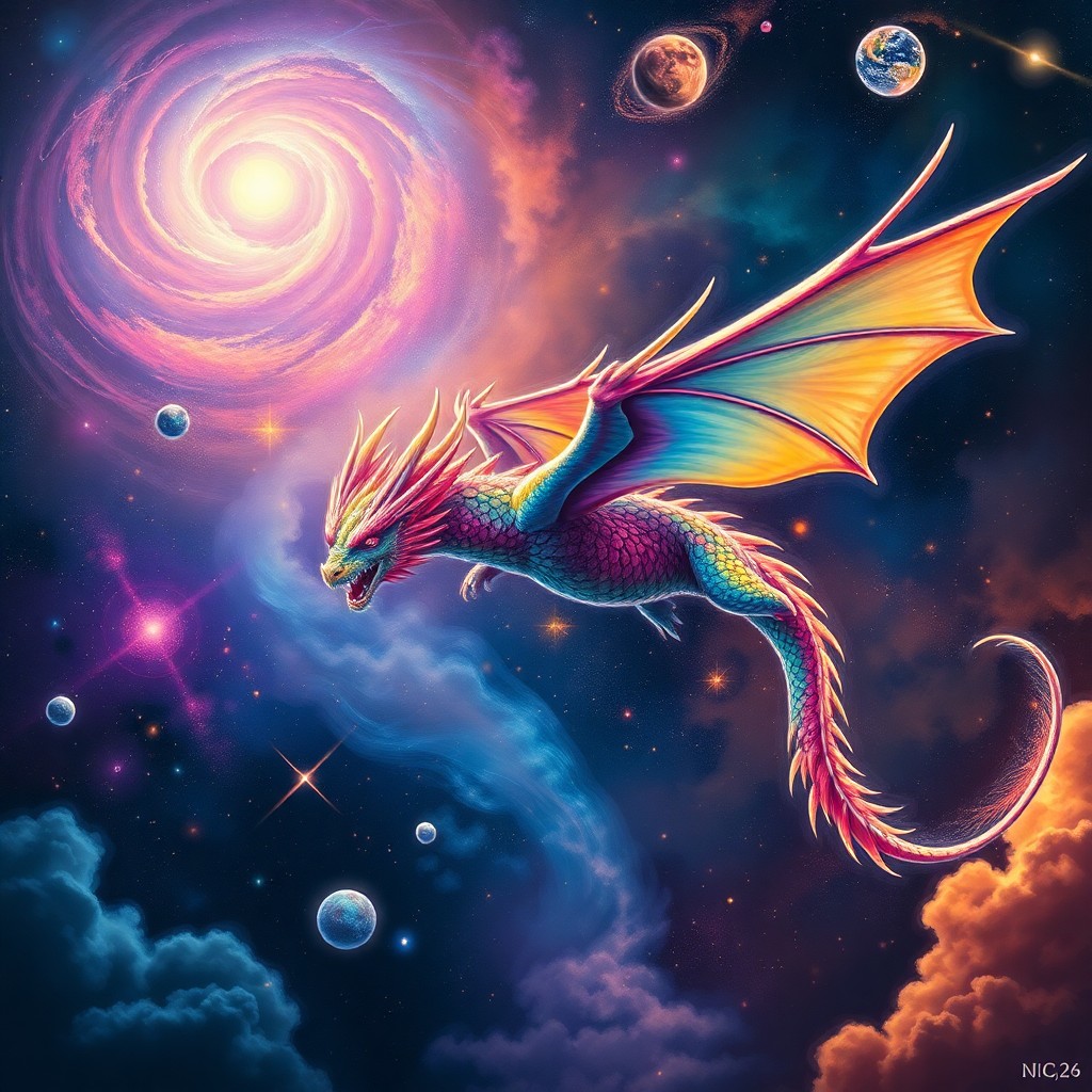 AI generated art for prompt: A mythical dragon soars through an otherworldly cosmos, its iridescent scales reflecting a spectrum 