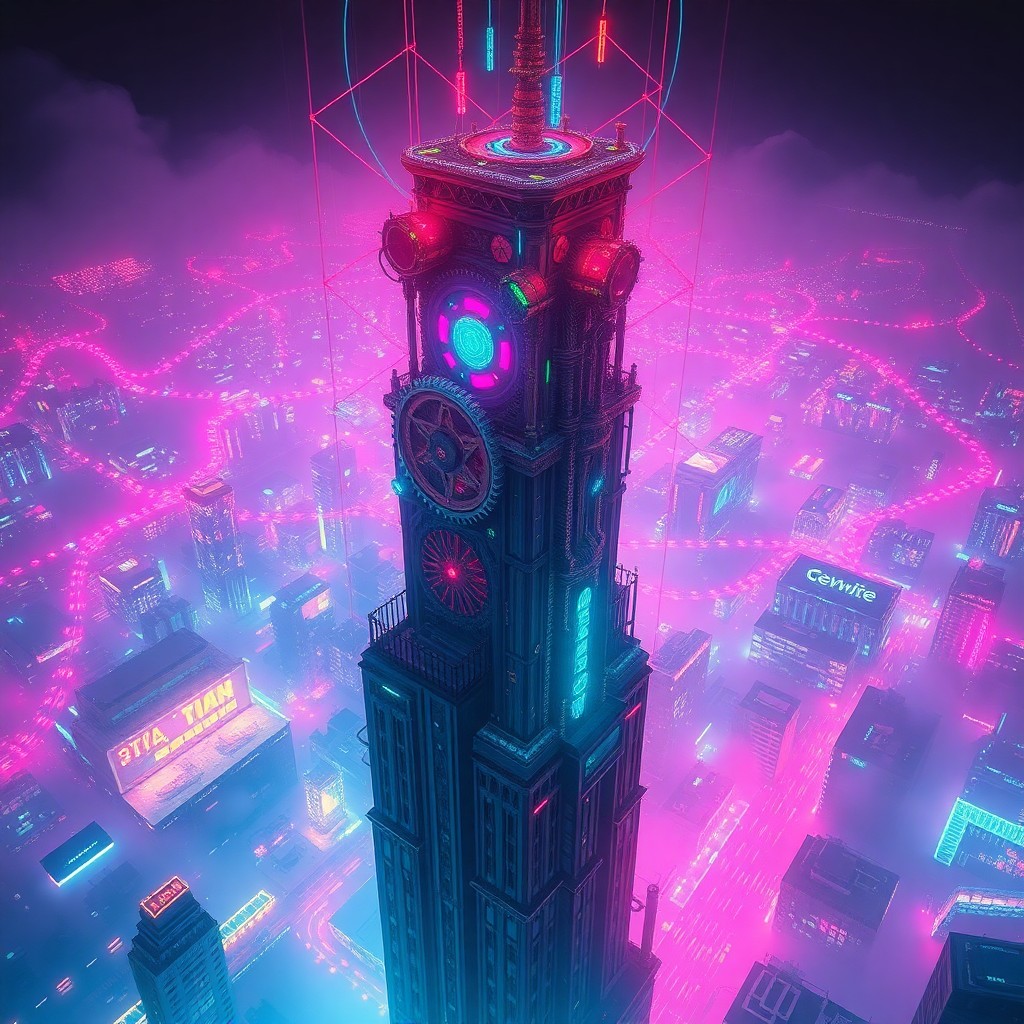 AI generated art for prompt: Create an enigmatic digital artwork that merges dreamlike landscapes with cyberpunk elements. Visual