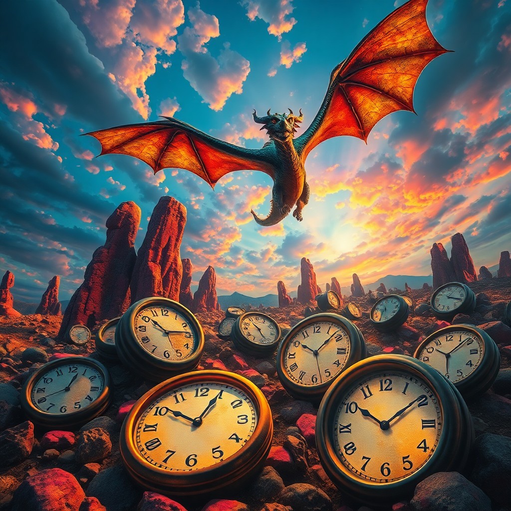 AI generated art for prompt: A surreal dreamscape unfolds as a hyperrealistic dragon soars above, casting an eerie yet enchanting