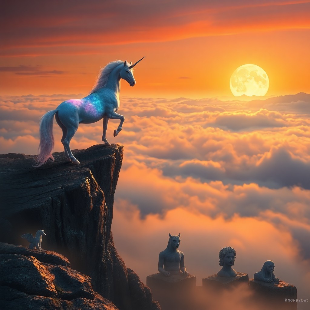 AI generated art for prompt: Picture a whimsical dreamscape with an elegant unicorn perched on a craggy precipice above a sprawli