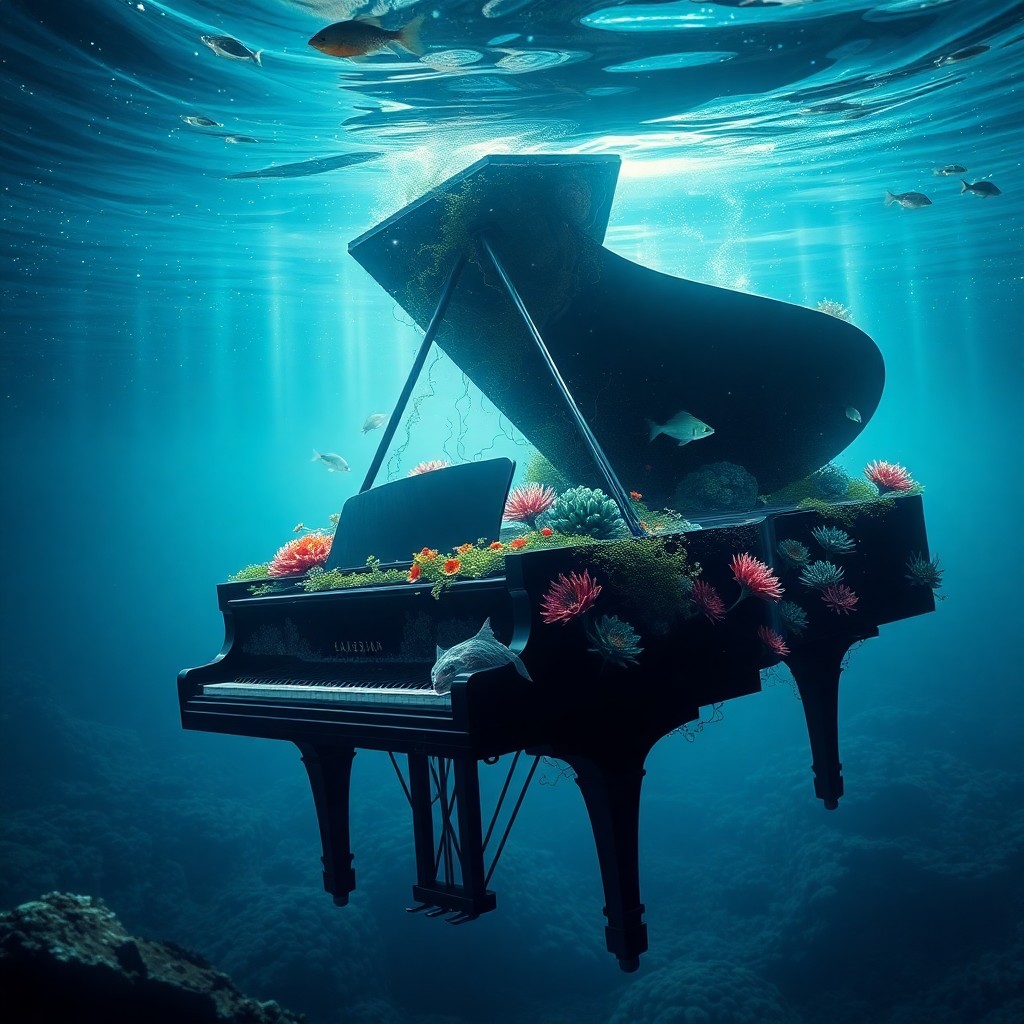 AI generated art for prompt: A captivating digital artwork showcasing an extraordinary scene where a grand piano floats in the de