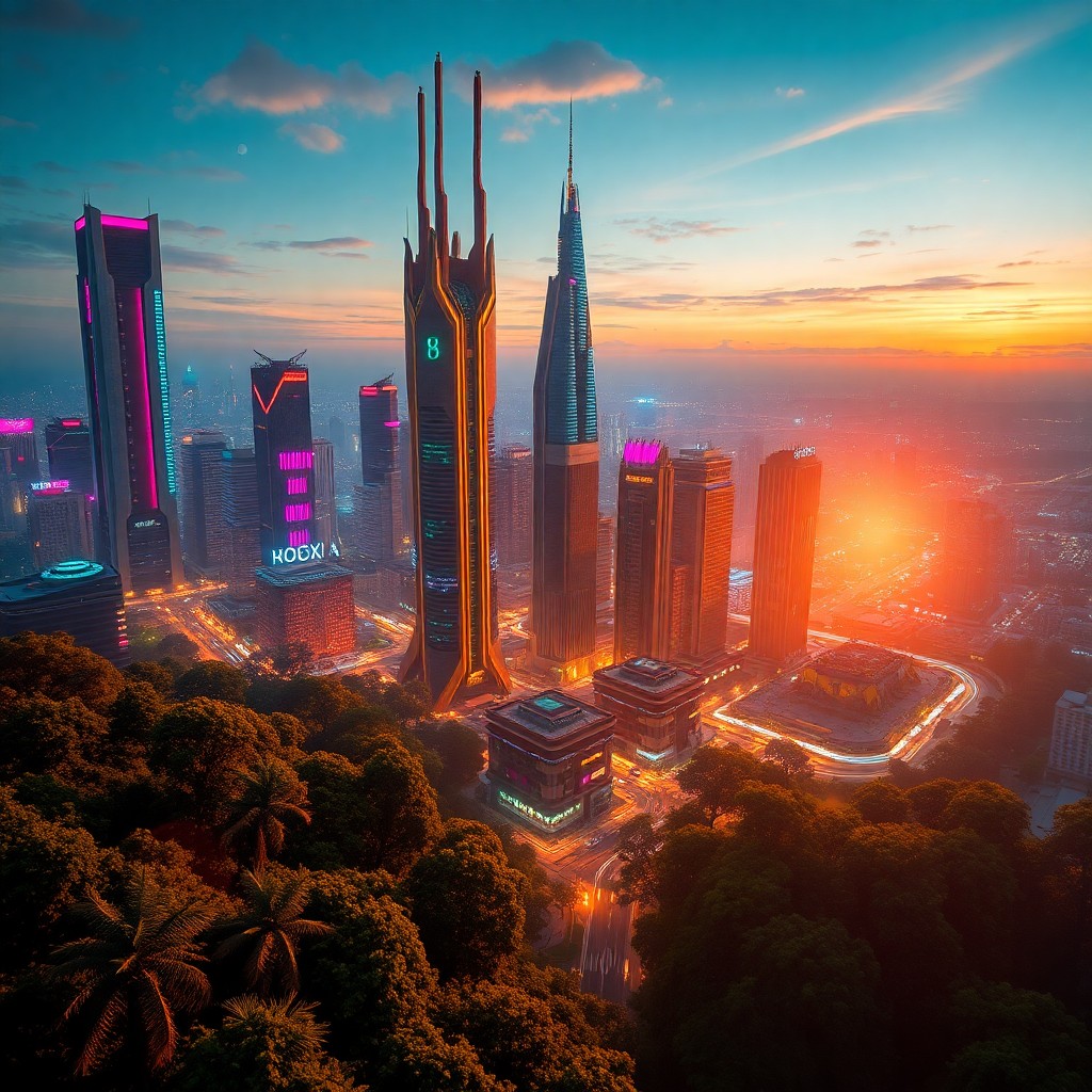 AI generated art for prompt: Visualize a dynamic digital artwork depicting a futuristic cityscape at sunset, observed from an 'ae