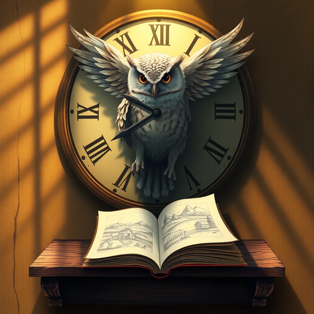 AI generated art for prompt: A fantastical illustration depicting an ethereal timepiece where an owl has replaced the traditional