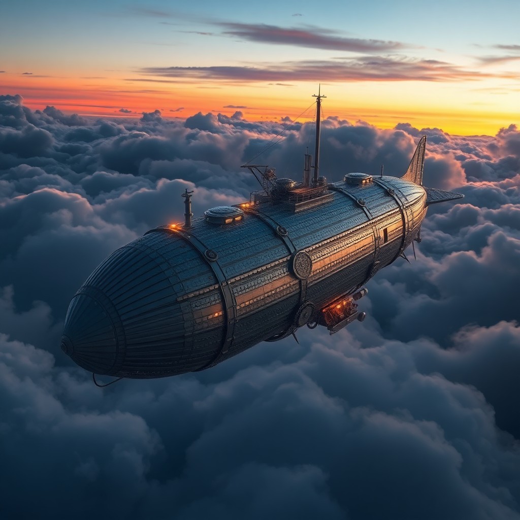 AI generated art for prompt: Imagine an intricately detailed airship cruising majestically through a tempestuous sky at dusk, emb