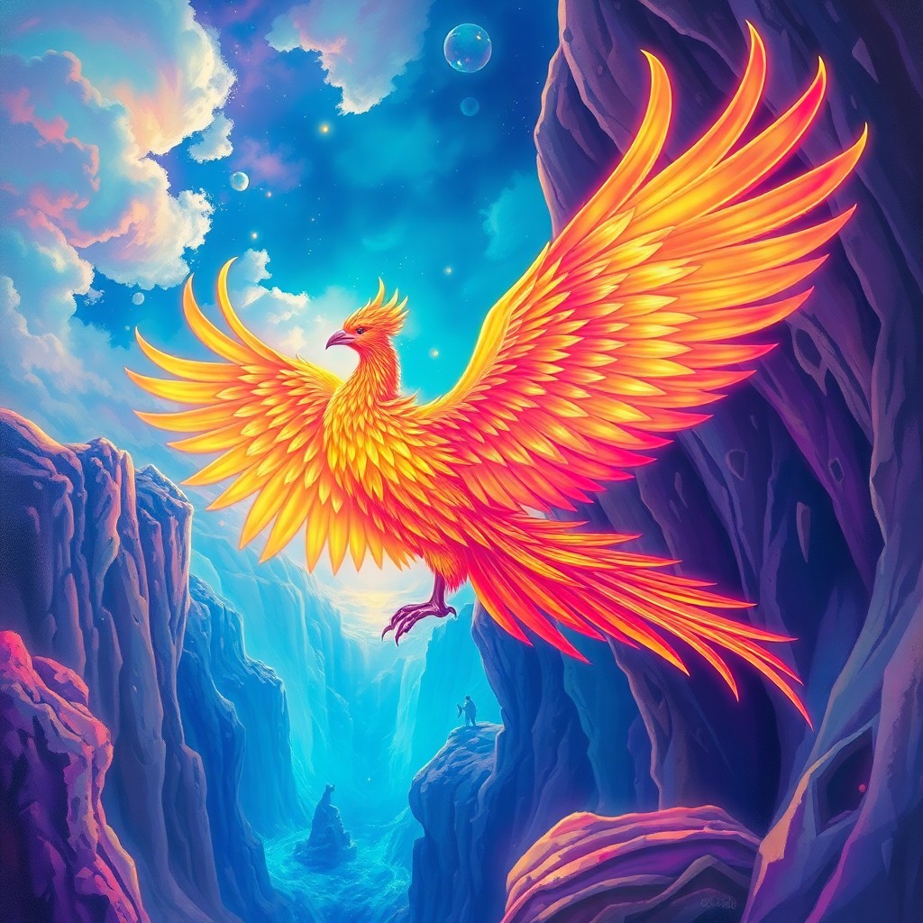 AI generated art for prompt: A mesmerizing dreamscape painting depicts an awe-inspiring scene where a majestic phoenix perches on