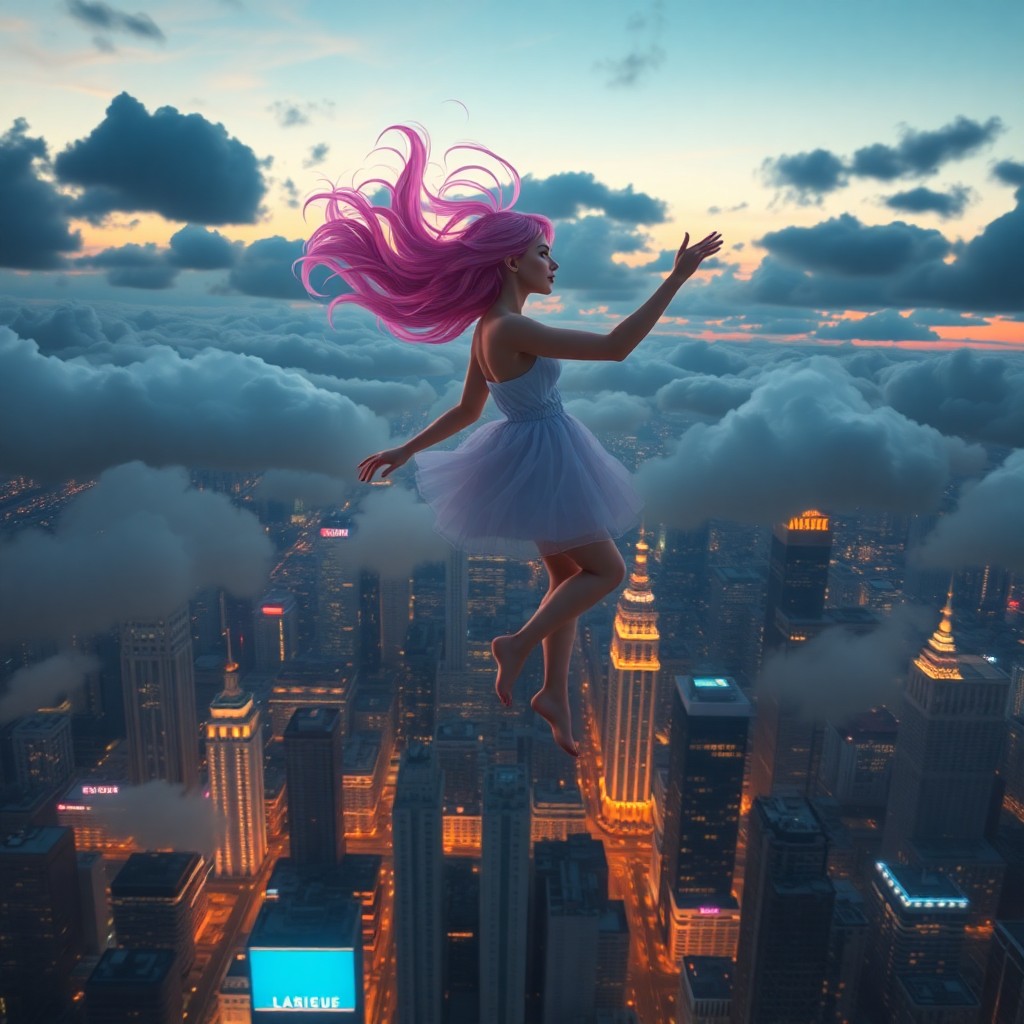 AI generated art for prompt: A digital artwork depicting a young woman gracefully floating amidst cloud formations over an illumi