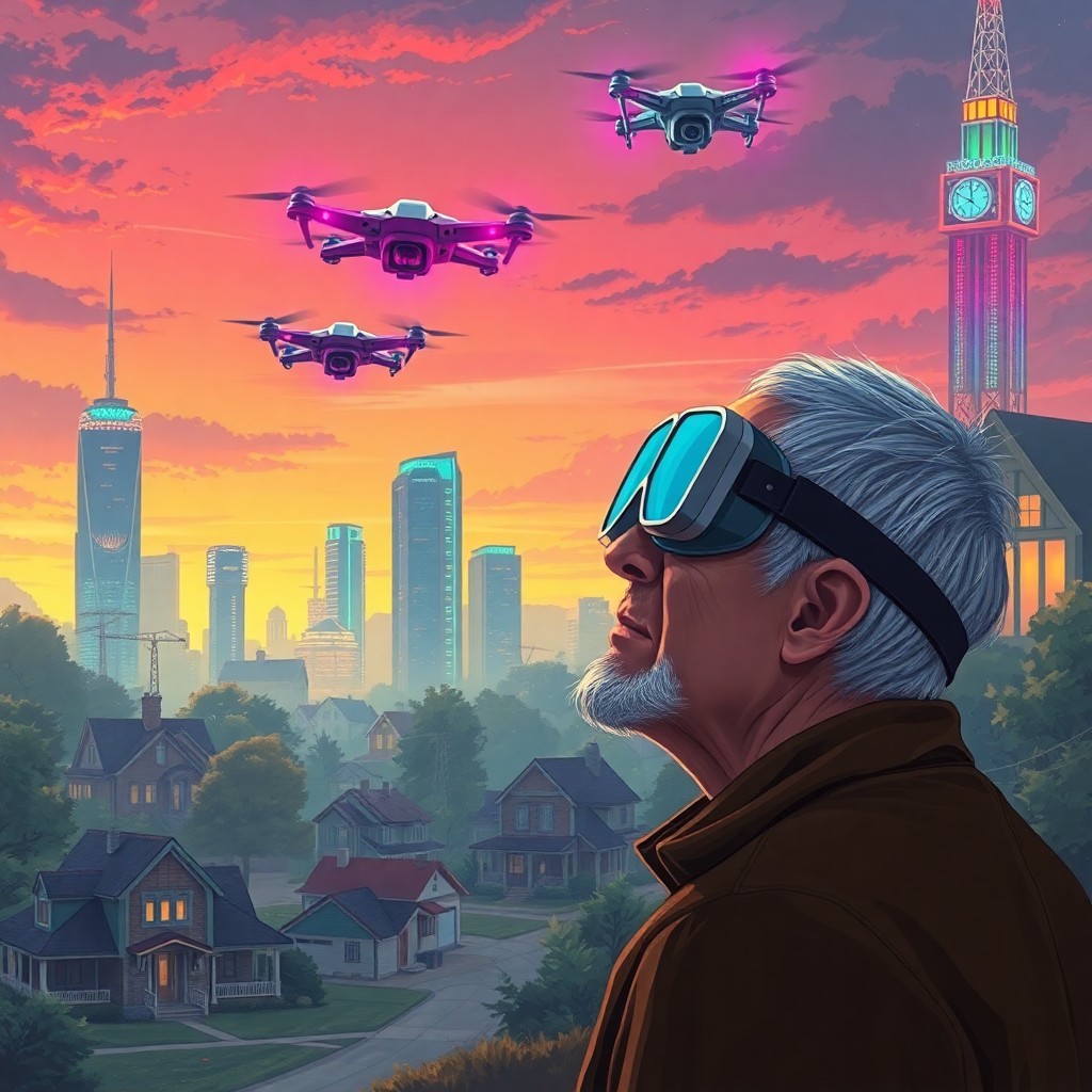 AI generated art for prompt: A digital illustration portraying a futuristic cityscape at twilight, where modern technology harmon