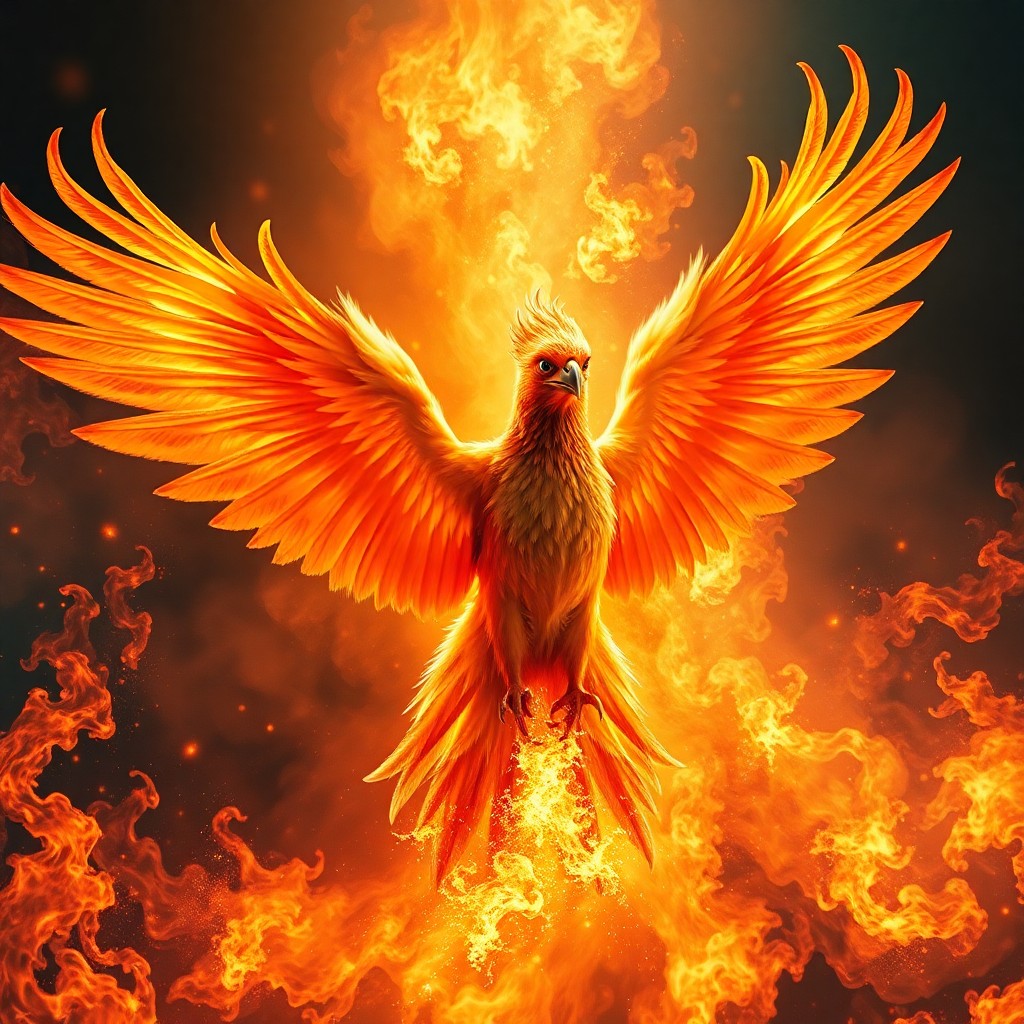 AI generated art for prompt: A mesmerizing digital composition showcases an enigmatic phoenix emerging from an engulfing inferno,