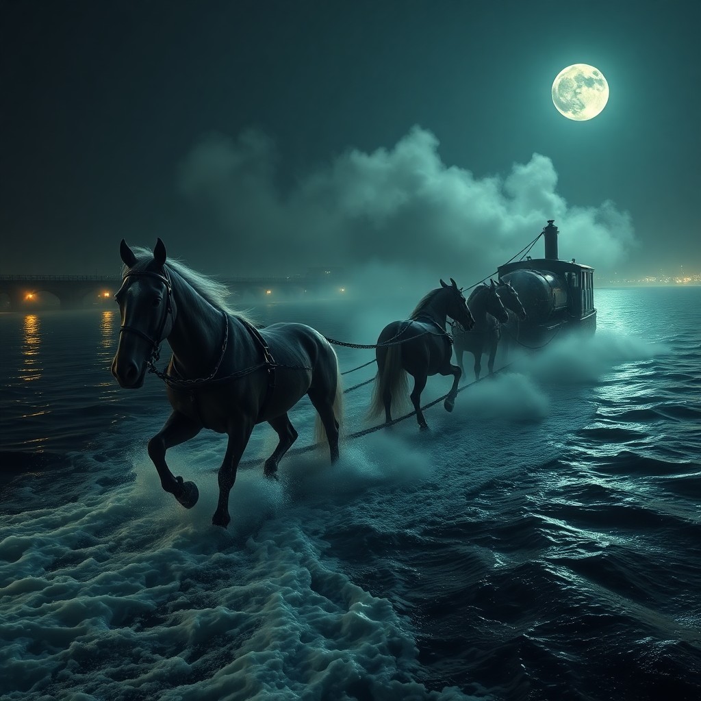 AI generated art for prompt: Visualize a group of spectral steam engine horses pulling an enigmatic barge through a moonlit river