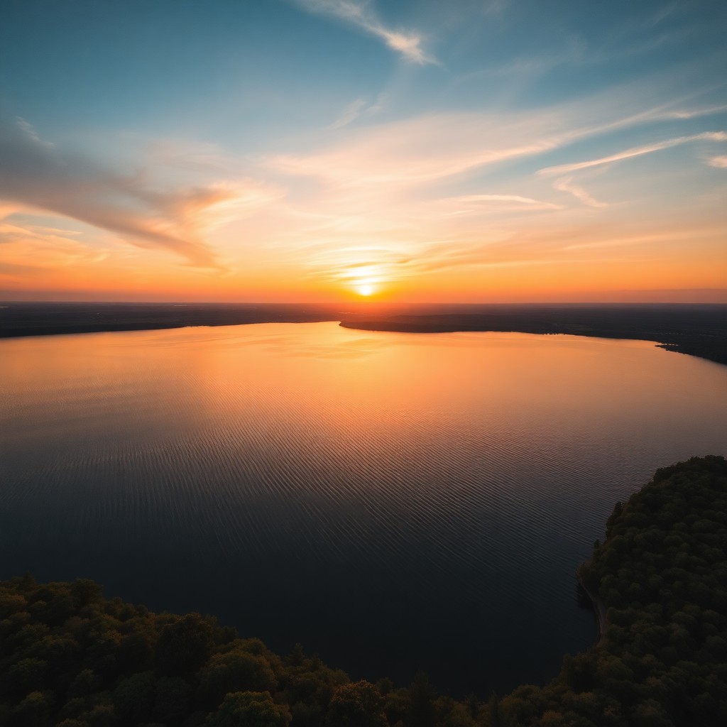 AI generated art for prompt: An aerial drone shot captures a breathtaking sunset over a serene lake, its gently rippling surface 