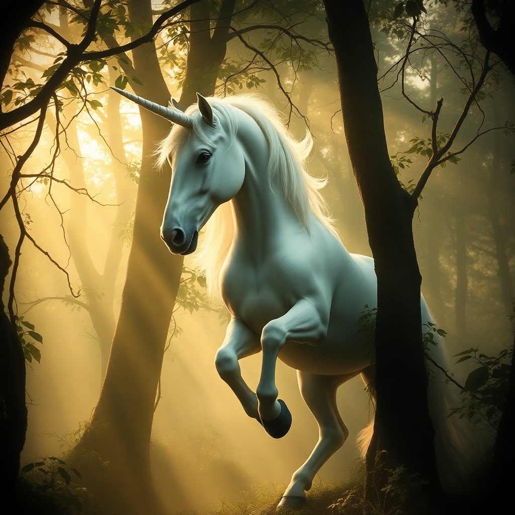 AI generated art for prompt: Craft an enchanting portrait showcasing a majestic unicorn gracefully descending from a mysterious m