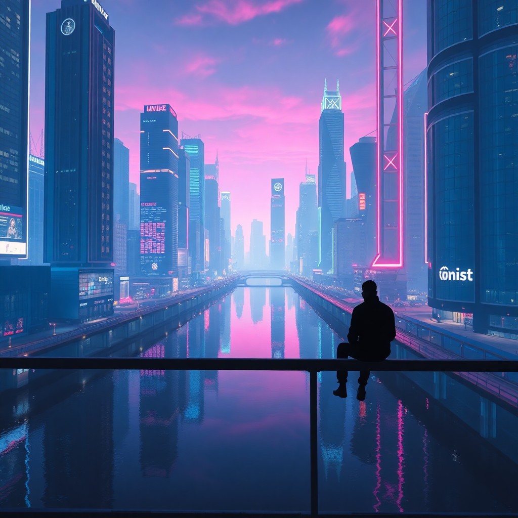 AI generated art for prompt: A futuristic cityscape bathed in soft blues and purples from neon lights, with towering skyscrapers 