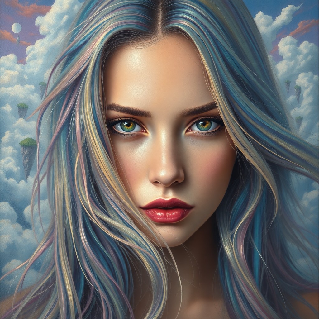 AI generated art for prompt: A surreal portrait in an ethereal style depicts a woman with captivating iridescent hair flowing lik