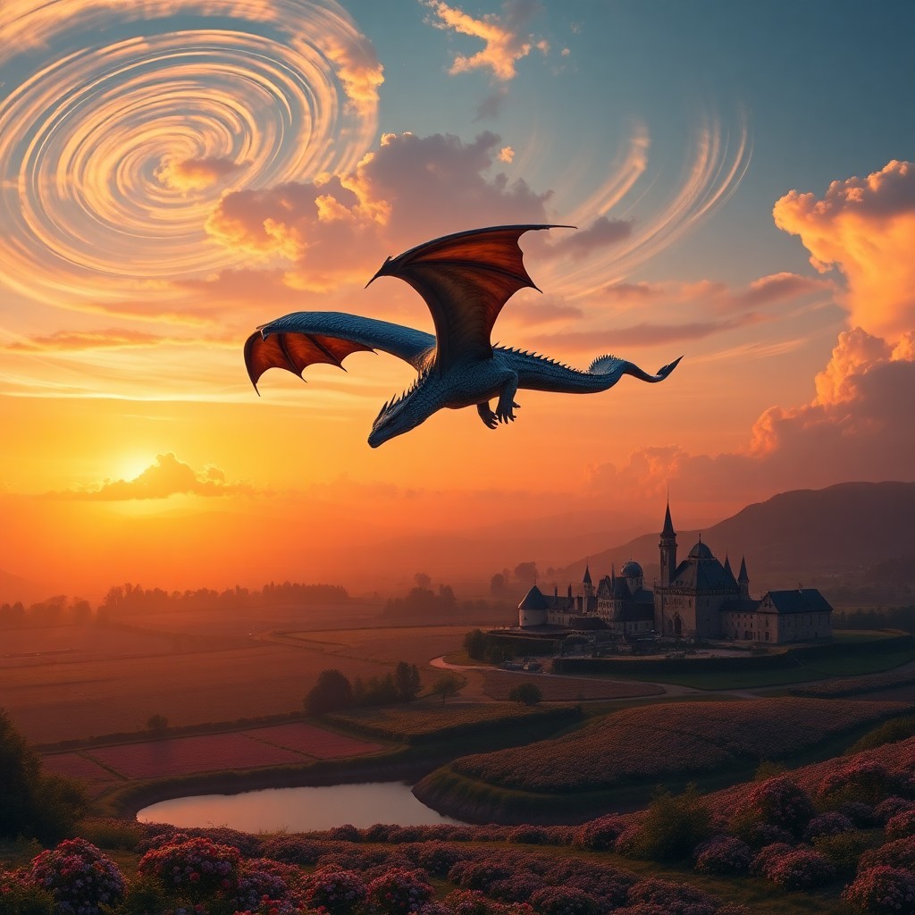 AI generated art for prompt: A majestic dragon flies across an enchanting sunset sky, its scales gleaming under the celestial lig