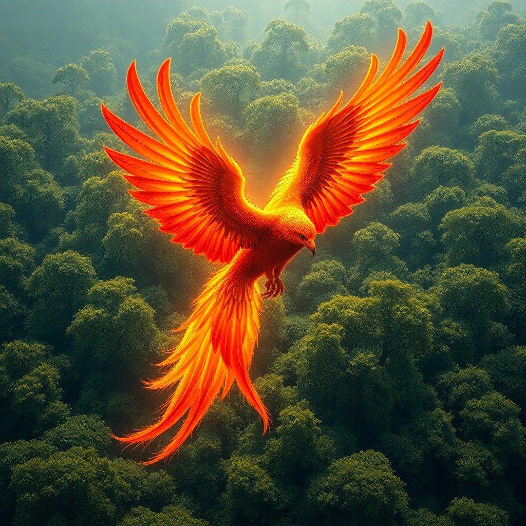 AI generated art for prompt: A mesmerizing digital artwork depicts an awe-inspiring phoenix soaring gracefully over a mystical an