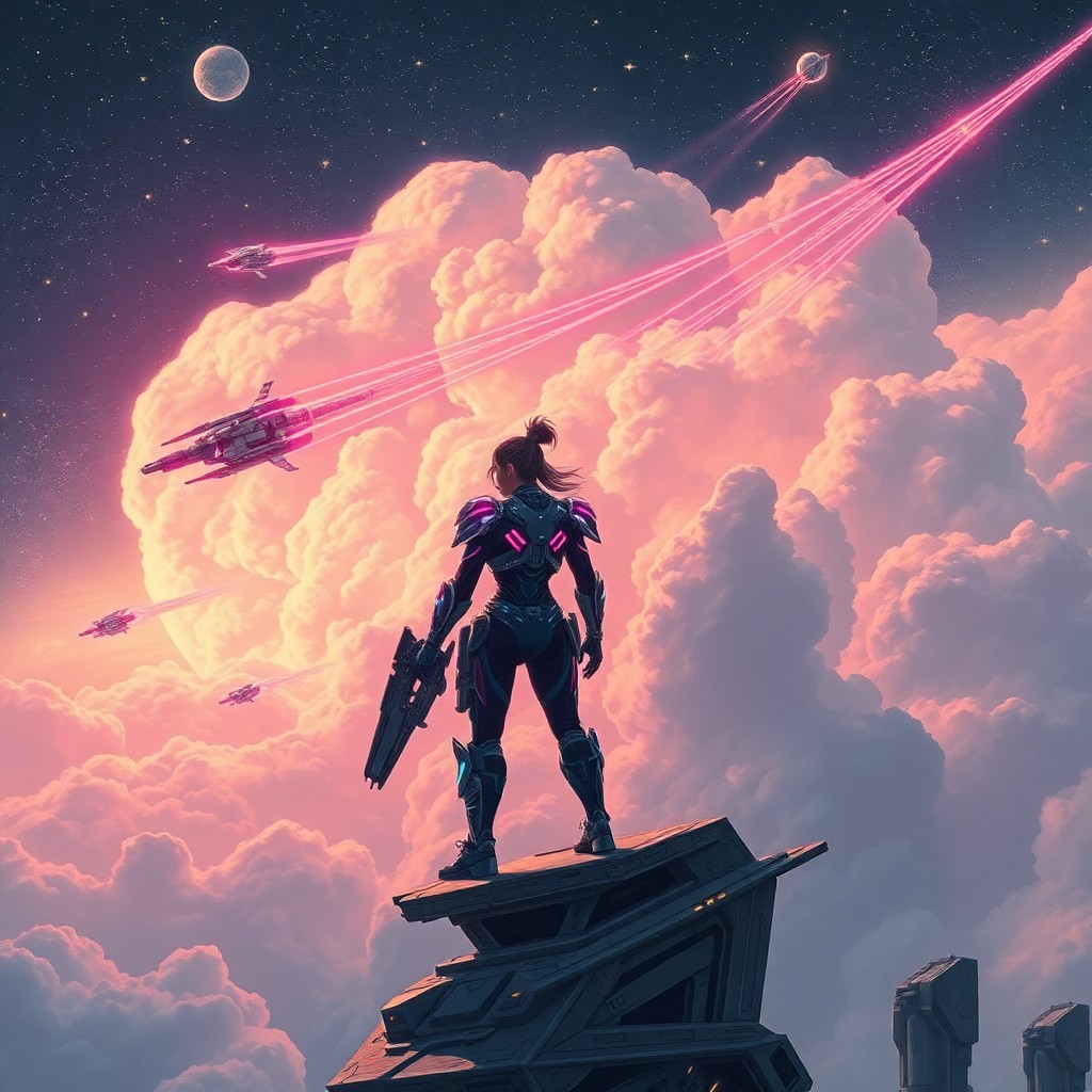 AI generated art for prompt: A futuristic warrior stands unwavering on a drifting platform amidst an otherworldly star cloud, her