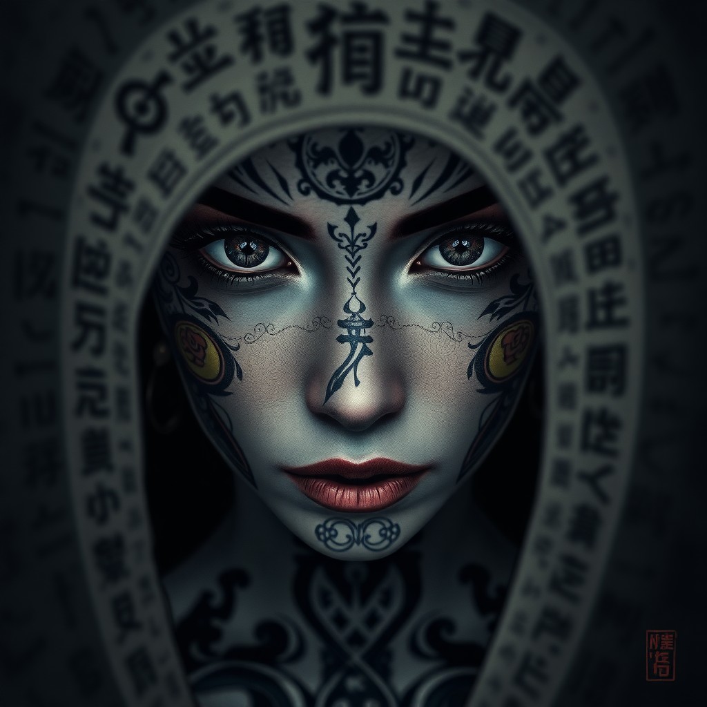 AI generated art for prompt: A mesmerizing digital artwork featuring an enigmatic woman with intricate tattoos covering her face 