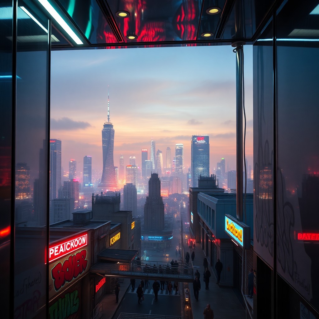 AI generated art for prompt: Envision a futuristic metropolis at twilight, observed from within a neon-lit elevator with gleaming